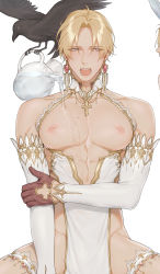 Rule 34 | 1boy, abs, absurdres, aerk, large pectorals, bird, blonde hair, blue eyes, breastless clothes, crow, dress, fandral, highres, iceblock (ilhgns), inverted nipples, lace, lace trim, legs apart, male focus, muscular, muscular arms, muscular male, nipples, pectorals, pectorals, spread legs, thighs, toned, toned male, topless male, wet, yaoi
