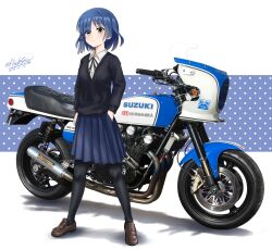 Rule 34 | black pantyhose, black sweater, blue background, blue hair, blue skirt, bocchi the rock!, brown footwear, dated, dot mouth, dot nose, flick (sal23), full body, hand on own hip, highres, loafers, looking to the side, motor vehicle, motorcycle, pantyhose, pleated skirt, polka dot, polka dot background, product placement, shirt, shoes, short hair, signature, skirt, standing, suzuki (company), sweater, vehicle focus, white background, white shirt, yamada ryo
