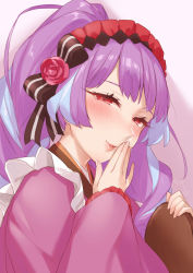 Rule 34 | 1girl, :o, alternate costume, black bow, blue hair, blush, bow, enmaided, eyebrows hidden by hair, flower, frilled kimono, frills, hair bow, hair bun, hair flower, hair ornament, hand to own mouth, highres, holding, holding tray, japanese clothes, kimono, looking at viewer, looking down, macross, macross delta, maid, maid headdress, mikumo guynemer, multicolored hair, open mouth, purple hair, purple kimono, red eyes, red flower, red rose, rose, sasanoneko, single hair bun, smile, solo, streaked hair, tray, upper body, wa maid