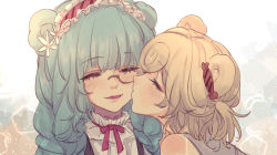 Rule 34 | 2girls, animal ears, arknights, bear ears, blonde hair, blue hair, blush, bow, bowtie, braid, candy hair ornament, closed eyes, feathers, food-themed hair ornament, gummy (arknights), hair ornament, headdress, istina (arknights), istina (bibliosmia) (arknights), kiss, kissing cheek, long hair, monocle, multiple girls, official alternate costume, parted lips, pentagon (shape), red bow, short hair, smile, tongue, twin braids, upper body, ya kexi, yuri