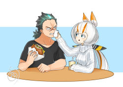 Rule 34 | absurdres, black hair, blue eyes, burger, cup, disposable cup, drinking straw, food, glowing, glowing hair, godzilla, godzilla: king of the monsters, godzilla (monsterverse), godzilla (series), highres, legendary pictures, matarou0625, monsterverse, mothra, mothra (monsterverse), napkin, personification, ponytail, ribbed sweater, scar, scolding, sharp teeth, shirt, sweater, t-shirt, table, teeth, toho, white hair, wiping mouth