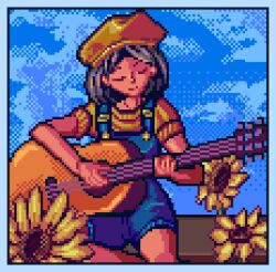 Rule 34 | 1990s (style), 1girl, acoustic guitar, bench, black hair, blue overalls, blue sky, cloud, cloudy sky, comfy, day, flower, guitar, holding, holding instrument, horizon, instrument, lilian duleroux, lowres, original, outdoors, overalls, pixel art, retro artstyle, scenery, shirt, short hair, sky, smile, solo, sunflower, yellow shirt