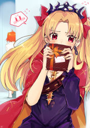 Rule 34 | 1girl, ahoge, aruti, blonde hair, blush, box, breasts, cape, chaldea uniform, cleavage, commentary request, covering own mouth, dress, earrings, ereshkigal (fate), fate/grand order, fate (series), flying sweatdrops, fujimaru ritsuka (female), gift, gift box, hair ornament, hair ribbon, hair scrunchie, hands up, hiding, highres, holding, holding gift, jewelry, long hair, long sleeves, looking at viewer, nail polish, orange hair, parted bangs, red cape, red eyes, ribbon, scrunchie, short hair, solo focus, spoken blush, two side up, upper body, yellow nails