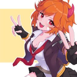 Rule 34 | 1girl, breasts, cleavage, colored skin, demon girl, fingerless gloves, gloves, guardian tales, highres, horns, looking at viewer, medium breasts, open clothes, open mouth, orange hair, pink skin, red eyes, red horns, schnee tan, shirt, short hair, simple background, smile, solo, twin fighter lavi, v