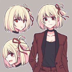 Rule 34 | 1girl, akamirai, arm at side, black choker, black shirt, blonde hair, choker, commentary, cropped shoulders, formal, grey background, hair between eyes, hair ribbon, hand on own hip, jacket, long sleeves, looking at viewer, looking to the side, lycoris recoil, multiple views, nishikigi chisato, no pupils, one side up, open clothes, open jacket, outline, pant suit, pants, parted lips, portrait, profile, red eyes, red jacket, red pants, red ribbon, red suit, ribbon, shirt, short hair, sideways glance, simple background, smile, smirk, standing, suit, upper body, white outline