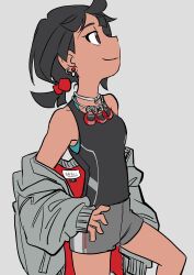 Rule 34 | 1girl, alternate costume, bare shoulders, black hair, black shirt, closed mouth, commentary, creatures (company), earrings, elizabeth (tomas21), from side, game freak, grey background, grey shorts, hair ornament, highres, hood, hoodie, jewelry, looking up, medium hair, nintendo, off shoulder, pokemon, pokemon oras, red eyes, shirt, shorts, simple background, sleeveless, sleeveless shirt, smile, solo, zinnia (pokemon)