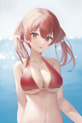 Rule 34 | 1girl, :p, absurdres, bikini, breasts, cleavage, closed mouth, collarbone, derby (dabidabi), furrowed brow, gold trim, heterochromia, highres, hololive, houshou marine, houshou marine (summer), large breasts, looking at viewer, medium hair, navel, ocean, raised eyebrows, red bikini, red hair, solo, stomach, swimsuit, tongue, tongue out, twintails, upper body, virtual youtuber