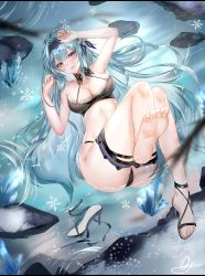 Rule 34 | 1girl, barefoot, bikini, black bikini, blue hair, blush, breasts, cleavage, crystal, eula (genshin impact), genshin impact, halterneck, high heels, highres, large breasts, legs up, long hair, looking at viewer, lying, on back, qyan, smile, snow, snowflakes, solo, swimsuit, thigh strap, water