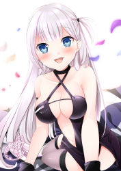 Rule 34 | 1girl, absurdres, arm strap, azur lane, bare arms, bare shoulders, black choker, black gloves, blue eyes, blush, center opening, checkered flag, choker, clothes writing, clothing cutout, commentary request, criss-cross halter, flag, gloves, halterneck, highres, long hair, looking at viewer, navel, navel cutout, official alternate costume, open mouth, origami aya, partial commentary, pelvic curtain, race queen, revealing clothes, shoukaku (azur lane), shoukaku (sororal wings) (azur lane), silver hair, sitting, solo, thighhighs, yokozuwari