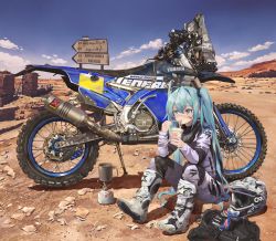 Rule 34 | 1girl, aqua eyes, aqua hair, arabic text, backpack, bag, blue sky, boots, cloud, commentary request, cup, desert, dirtbike, eating, food, fork, hatsune miku, helmet, highres, holding, holding cup, holding fork, instant ramen, knees up, long hair, long sleeves, motor vehicle, motorcycle, nissin cup noodle, noodles, outdoors, road sign, rock, shadow, sign, sitting, sky, solo, takepon1123, twintails, unworn headwear, unworn helmet, vehicle focus, vehicle request, very long hair, vocaloid, white footwear, white headwear, yamaha