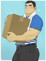 Rule 34 | 1boy, amaimao, bara, blush, box, bulge, cardboard box, carrying, delivery, employee uniform, facial hair, goatee, highres, looking at viewer, male focus, mature male, muscular, muscular male, original, polo shirt, short hair, solo, stubble, sweatdrop, thick eyebrows, towel, towel around neck, uniform