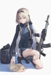 Rule 34 | 1girl, an-94, an-94 (girls&#039; frontline), an-94 (mod3) (girls&#039; frontline), assault rifle, bag, blonde hair, blue eyes, boots, cat, commentary request, full body, girls&#039; frontline, gloves, gun, hair between eyes, hairband, highres, holding, holding gun, holding weapon, jacket, looking down, mod3 (girls&#039; frontline), on one knee, petting, rifle, senkou (dwrp3257), simple background, single glove, smile, solo, weapon