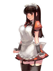 Rule 34 | 1girl, apron, breasts, brown eyes, brown hair, clenched hands, garter straps, gauntlets, kamdia, large breasts, lips, long hair, looking at viewer, maid, maid apron, making-of available, simple background, solo, thighhighs, wrists extended