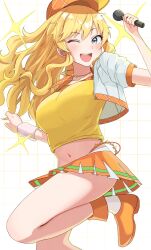 Rule 34 | 1girl, armband, ban (puka 0507), blonde hair, blue eyes, blush, breasts, highres, idolmaster, idolmaster cinderella girls, jewelry, long hair, looking at viewer, medium breasts, microphone, navel, necklace, ohtsuki yui, one eye closed, open mouth, orange footwear, orange headwear, orange skirt, shirt, skirt, smile, solo, sparkle, standing, standing on one leg, thighs, yellow shirt