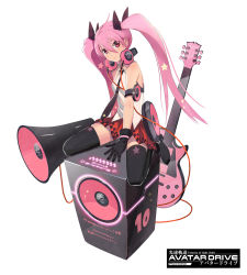 Rule 34 | 1girl, amplifier, black gloves, black thighhighs, boots, copyright name, electric guitar, full body, gloves, guitar, gunpom, headphones, headphones around neck, highres, instrument, kousoku kidou avatar drive, microphone, necktie, pink eyes, pink hair, skirt, sleeveless, solo, star (symbol), thighhighs, twintails, watermark, white background