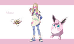 Rule 34 | 1girl, bag, banned artist, blonde hair, bright pupils, character name, closed mouth, commentary request, creatures (company), eyelashes, facepaint, forgotten artist, game freak, gen 1 pokemon, gen 7 pokemon, grey eyes, grey footwear, grey pants, hand up, highres, holding, long hair, long shirt, mina (pokemon), nintendo, pants, pokemon, pokemon (creature), pokemon sm, ribombee, shirt, shoes, short sleeves, smile, sneakers, standing, torn clothes, torn pants, wigglytuff