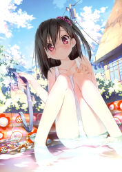 Rule 34 | 1girl, :o, absurdres, barefoot, black hair, blush, bush, cameltoe, cloud, cloudy sky, day, feet, hair ornament, hair scrunchie, highres, hose, house, kantoku, long hair, one-piece swimsuit, one side up, original, parted lips, plaid, red eyes, scan, school swimsuit, scrunchie, shizuku (kantoku), short hair, side ponytail, sitting, sky, solo, swimsuit, toes, utility pole, wading, water, white one-piece swimsuit, white school swimsuit