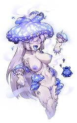 Rule 34 | 3girls, :d, blue eyes, blue nipples, breasts, colored nipples, colored skin, drooling, giant fungi bulb (terraria), glowing, glowing eyes, grey hair, hair between eyes, highres, large breasts, legless, long hair, mini person, minigirl, monster girl, multiple girls, mushroom girl, no arms, nyong nyong, open mouth, personification, pussy, simple background, smile, terraria, tongue, tongue out, uncensored, white background, white skin