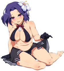 Rule 34 | 10s, 1girl, arm support, bare shoulders, barefoot, bikini, black gloves, blush, breasts, cleavage, curvy, female focus, flower, full body, gloves, hair flower, hair ornament, halo, highres, huge breasts, kantai collection, looking at viewer, magukappu, mechanical halo, mole, mole under eye, navel, open mouth, pink eyes, purple eyes, purple hair, sarong, shiny skin, short hair, simple background, sitting, skirt, skirt hold, smile, solo, stomach, sweat, swimsuit, tatsuta (kancolle), white background, wide hips