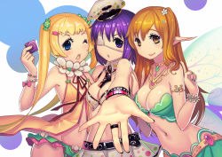 Rule 34 | 10s, 3girls, belt, blonde hair, blue eyes, breasts, chuunibyou demo koi ga shitai!, cleavage, condom, dekomori sanae, eyepatch, fairy wings, fiodo, flat chest, index finger raised, large breasts, long hair, medium breasts, multiple girls, navel, nibutani shinka, no nose, one eye closed, open mouth, orange eyes, orange hair, outstretched hand, pointy ears, purple eyes, purple hair, short hair, smile, takanashi rikka, twintails, wings, wink