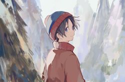 Rule 34 | absurdres, beanie, black hair, blue eyes, from behind, hat, highres, looking back, outdoors, short hair, smile, solo, south park, stan marsh, toukashi (2tou9), tree