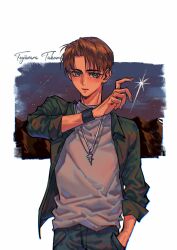 Rule 34 | 1boy, blue pants, blue shirt, brown hair, character name, chinese commentary, cross, cross necklace, denim, fujiwara takumi, grey shirt, hair behind ear, hand in pocket, head tilt, highres, initial d, jeans, jewelry, looking at viewer, male focus, necklace, night, night sky, pants, shirt, sky, solo, star (sky), wristband, yejian feixing