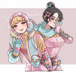 Rule 34 | 2girls, :3, alternate color, animification, apex legends, black hair, blonde hair, blue eyes, blue jacket, blue scarf, blush, bodysuit, bow, breasts, embarrassed, green bow, hair bow, hair bun, hand on own face, heart, highres, hood, jacket, kawaii voltage wattson, leaning forward, looking down, matching outfits, medium breasts, multiple girls, open hand, open mouth, orange bow, pink bodysuit, pink bow, pink headwear, ribbed bodysuit, scarf, shimijimi, single hair bun, small breasts, smile, smug, wattson (apex legends), wraith (apex legends), yellow bodysuit