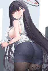 Rule 34 | 1girl, ass, bare arms, bare shoulders, black hair, black pantyhose, black skirt, blue archive, blush, breasts, closed mouth, commentary, cup, from behind, halo, highres, holding, holding cup, large breasts, long hair, looking at viewer, looking back, pantyhose, red eyes, rio (blue archive), shirt, shougun (chuckni1), skirt, sleeveless, smile, solo, white shirt