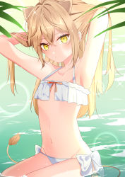 Rule 34 | 1girl, animal ears, armpits, arms behind head, arms up, bad id, bad pixiv id, bare arms, bare shoulders, bikini, brown hair, closed mouth, expressionless, flat chest, halterneck, highres, indie virtual youtuber, lion ears, lion girl, lion tail, long hair, looking at viewer, navel, noa (hkgbkk8), rurudo lion, side-tie bikini bottom, sitting, solo, stomach, string bikini, swimsuit, tail, thighs, virtual youtuber, water, wet, white bikini, yellow eyes