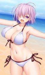 Rule 34 | 1girl, absurdres, alternate costume, asamura hiori, bare shoulders, beach, blue sky, blush, breasts, cleavage, collarbone, commentary request, day, fate/grand order, fate (series), hair over one eye, highres, large breasts, light purple hair, looking at viewer, mash kyrielight, navel, ocean, open mouth, purple eyes, revision, shore, short hair, sky, smile, thighs