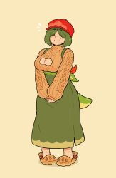 Rule 34 | 1girl, absurdres, apple, appletun, blush, breasts, brown footwear, cleavage cutout, closed eyes, clothing cutout, commentary, creatures (company), crocs, doodlelotl, english commentary, food, food-themed clothes, food-themed hat, freckles, fruit, game freak, gen 8 pokemon, green hair, green skirt, green tail, highres, large breasts, light smile, long skirt, mature female, nintendo, own hands together, personification, pie, pokemon, short hair, simple background, skirt, solo, sweater, turtleneck