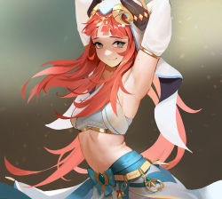 Rule 34 | 1girl, absurdres, aqua eyes, arm behind head, armpits, arms up, blush, breasts, circlet, closed mouth, crop top, detached sleeves, forehead jewel, genshin impact, gold trim, gradient background, highres, horns, jewelry, long sleeves, looking at viewer, midfinger, mole, mole on arm, nilou (genshin impact), parted bangs, puffy sleeves, red hair, skirt, small breasts, smile, solo, stomach, veil, vision (genshin impact), white sleeves