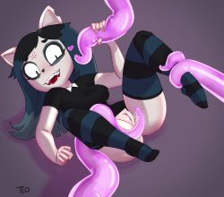 Rule 34 | 1girl, animal ears, black hair, breasts, cat ears, claire (the summoning), cleft of venus, dress, facial mark, fangs, forehead mark, heart, highres, pentagram, pussy, pussy juice, teelokay, tentacles, the summoning, thighhighs, third-party edit