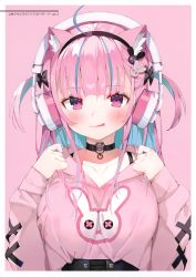 Rule 34 | 1girl, absurdres, ahoge, animal ears, blush, bow, breasts, cat ears, choker, collarbone, gaou (umaiyo puyoman), hair bow, hair ornament, hairband, hands up, headphones, highres, hololive, lips, long hair, long sleeves, looking at viewer, medium breasts, minato aqua, multicolored hair, pink background, purple eyes, purple hair, scan, simple background, solo, tongue, tongue out, upper body, virtual youtuber