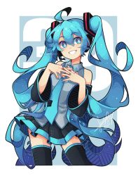 Rule 34 | 1girl, 39, ahoge, bare shoulders, black skirt, black sleeves, black thighhighs, blue eyes, blue hair, blue necktie, commentary, detached sleeves, english commentary, frilled shirt, frills, grey shirt, grin, hatsune miku, headphones, headset, highres, long hair, long sleeves, looking at viewer, microphone, necktie, pleated skirt, sandragh, shirt, sidelocks, skirt, smile, solo, steepled fingers, thighhighs, twintails, very long hair, vocaloid