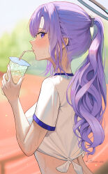 Rule 34 | 1girl, absurdres, alternate hairstyle, blue archive, blurry, blurry background, blush, breasts, drink, drinking straw, drinking straw in mouth, dubeaduver, gym shirt, halo, highres, holding, holding drink, long hair, looking at viewer, mechanical halo, medium breasts, ponytail, purple eyes, purple hair, shirt, short sleeves, solo, sweat, twitter username, upper body, white shirt, yuuka (blue archive)