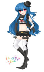Rule 34 | 1girl, bad id, bad pixiv id, blue hair, boots, bridal garter, elbow gloves, female focus, garter straps, gloves, hands on own hips, hat, high heel boots, high heels, hinanawi tenshi, idol, jako, jyako, midriff, mini hat, mini top hat, shoes, solo, thighhighs, top hat, touhou