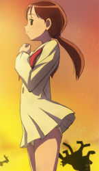 Rule 34 | 10s, ass, bow, bowtie, brown eyes, brown hair, buttons, dress, hair tie, hands on own chest, haruyama kazunori, heartcatch precure!, looking ahead, looking away, own hands together, panties, pleated dress, precure, red bow, red bowtie, sailor collar, sailor dress, shiku nanami, twintails, underwear, upskirt, white dress, white hair, white panties, wind, yellow background