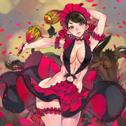 Rule 34 | 1girl, arm scrunchie, arm up, armband, bad id, bad pixiv id, breasts, brown hair, bull, collarbone, earrings, f.s., flamenco, green eyes, headband, instrument, jewelry, lips, looking at viewer, maracas, navel, no panties, o-ring, open mouth, original, petals, pursed lips, red skirt, sideboob, skirt, smile, standing, thigh strap