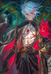 Rule 34 | 1boy, bishounen, blue eyes, chest jewel, choker, earrings, egawa akira, expressionless, eyeshadow, fate/apocrypha, fate (series), flower, gem, gloves, gold, hand on own hip, highres, holding, holding flower, jewelry, karna (fate), makeup, male focus, red eyeshadow, short hair, single earring, skinny, solo, spiked choker, spikes, white hair