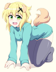Rule 34 | 1girl, akatsuki kirika, all fours, animal ears, black thighhighs, blonde hair, blush, breasts, commentary request, dog ears, dog tail, full body, green eyes, green sweater, hair ornament, long sleeves, looking at viewer, medium breasts, open mouth, pet play, senki zesshou symphogear, shiny skin, short hair, solo, sweater, tail, teeth, thighhighs, turtleneck, x hair ornament, zetsumu