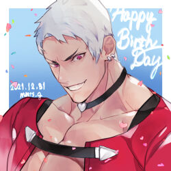 Rule 34 | 1boy, artist name, black choker, choker, collarbone, confetti, dated, earrings, english text, evil grin, evil smile, grin, happy birthday, jewelry, looking at viewer, male focus, mmts g, muscular, muscular male, nanakase yashiro, pectorals, pink eyes, short hair, simple background, smile, solo, teeth, the king of fighters, the king of fighters for girls, white hair