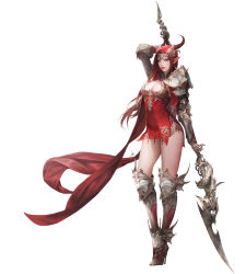 Rule 34 | 1girl, absurdres, armor, armored boots, boots, breasts, cleavage, cleavage cutout, clothing cutout, daeho cha, dragon horns, dress, full body, gauntlets, high heel boots, high heels, highres, holding, holding polearm, holding weapon, horns, knee boots, league of angels, long hair, looking at viewer, medium breasts, official art, parted lips, pointy ears, polearm, red dress, red eyes, red hair, red horns, red lips, short dress, shoulder armor, signature, simple background, solo, teeth, weapon, white background