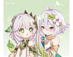 Rule 34 | 2girls, antenna hair, aranara (genshin impact), bracelet, braid, cameo, cherilynorz, child, commentary request, crossover, detached sleeves, flower, food, genshin impact, gradient hair, green eyes, grey hair, hair between eyes, hair flower, hair ornament, highres, holding, jewelry, kokkoro (princess connect!), long hair, long sleeves, looking at another, looking back, multicolored hair, multiple girls, nahida (genshin impact), pointy ears, popsicle, princess connect!, purple eyes, short hair, short sleeves, side ponytail, sidelocks, single braid, smile, symbol-shaped pupils, trait connection