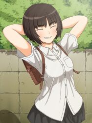 Rule 34 | 1girl, absurdres, amagami, arms behind head, backpack, bag, black skirt, blunt bangs, blush, bob cut, breast pocket, breasts, briefcase, closed eyes, commentary, concrete, cowboy shot, dress shirt, facing viewer, foliage, grin, highres, messy hair, pleated skirt, pocket, ranmaru (jackpot 1123), school bag, school briefcase, shadow, shirt, short hair, skirt, small breasts, smile, solo, tachibana miya, untucked shirt, walking, white shirt