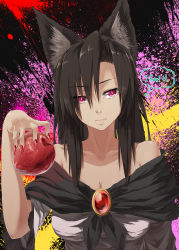 Rule 34 | 1girl, absurdres, animal ears, apple, bare shoulders, black hair, breasts, brooch, cleavage, collarbone, dress, english text, fingernails, food, fruit, highres, holding, holding food, holding fruit, ibuki notsu, imaizumi kagerou, jewelry, large breasts, lips, long hair, purple eyes, red eyes, slit pupils, solo, touhou, wolf ears