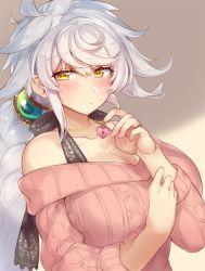 Rule 34 | 1girl, alternate costume, aran sweater, asymmetrical hair, bad id, bad twitter id, blush, braid, breasts, cable knit, closed mouth, collarbone, hair ornament, heart lock (kantai collection), kantai collection, large breasts, long hair, long sleeves, looking at viewer, off-shoulder, off-shoulder sweater, off shoulder, pokoten (pokoten718), silver hair, single braid, solo, sweater, unryuu (kancolle), upper body, very long hair, wavy hair, yellow eyes