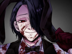 Rule 34 | 1boy, alternate costume, animal ears, black hair, black vest, blood, blood on clothes, blood on face, bow, bowtie, brown background, brown bow, brown bowtie, furuta nimura, gradient background, highres, jacket, kino (uni sk38), looking at viewer, parted lips, portrait, rabbit ears, shirt, short hair, smile, solo, teeth, tokyo ghoul, tokyo ghoul:re, vest, white shirt
