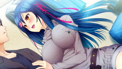 Rule 34 | 1boy, 1girl, :d, belt, belt skirt, black hair, blue hair, blush, breasts, buttons, couple, dutch angle, eye contact, game cg, giga, hair ornament, hair ribbon, hairclip, hand on another&#039;s chest, happy, impossible clothes, indoors, kagami suzuha, large breasts, long hair, long sleeves, looking at another, multicolored eyes, open mouth, orange eyes, parted bangs, parted lips, pillow, purple eyes, ren&#039;ai phase, ribbon, shirt, short hair, short shorts, shorts, smile, solo focus, studded belt, usume shirou, very long hair, yaegaki jun