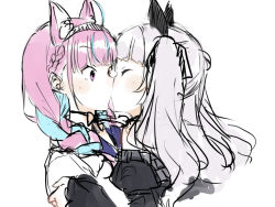 Rule 34 | 2girls, ahoge, animal ear fluff, animal ears, black bow, black dress, black sleeves, blue hair, blue sailor collar, blush, bow, braid, cat ears, closed eyes, cropped torso, detached sleeves, dress, facing another, grey hair, hair bow, hair over shoulder, hairband, hololive, jacket, juliet sleeves, kiss, long hair, long sleeves, looking at another, low twintails, minato aqua, minato aqua (sailor), multicolored hair, multiple girls, murasaki shion, murasaki shion (gothic lolita), pink hair, puffy sleeves, purple eyes, sailor collar, simple background, sketch, sleeves past wrists, toumori kanna, twin braids, twintails, two-tone hair, two side up, upper body, v-shaped eyebrows, virtual youtuber, white background, white jacket, yuri